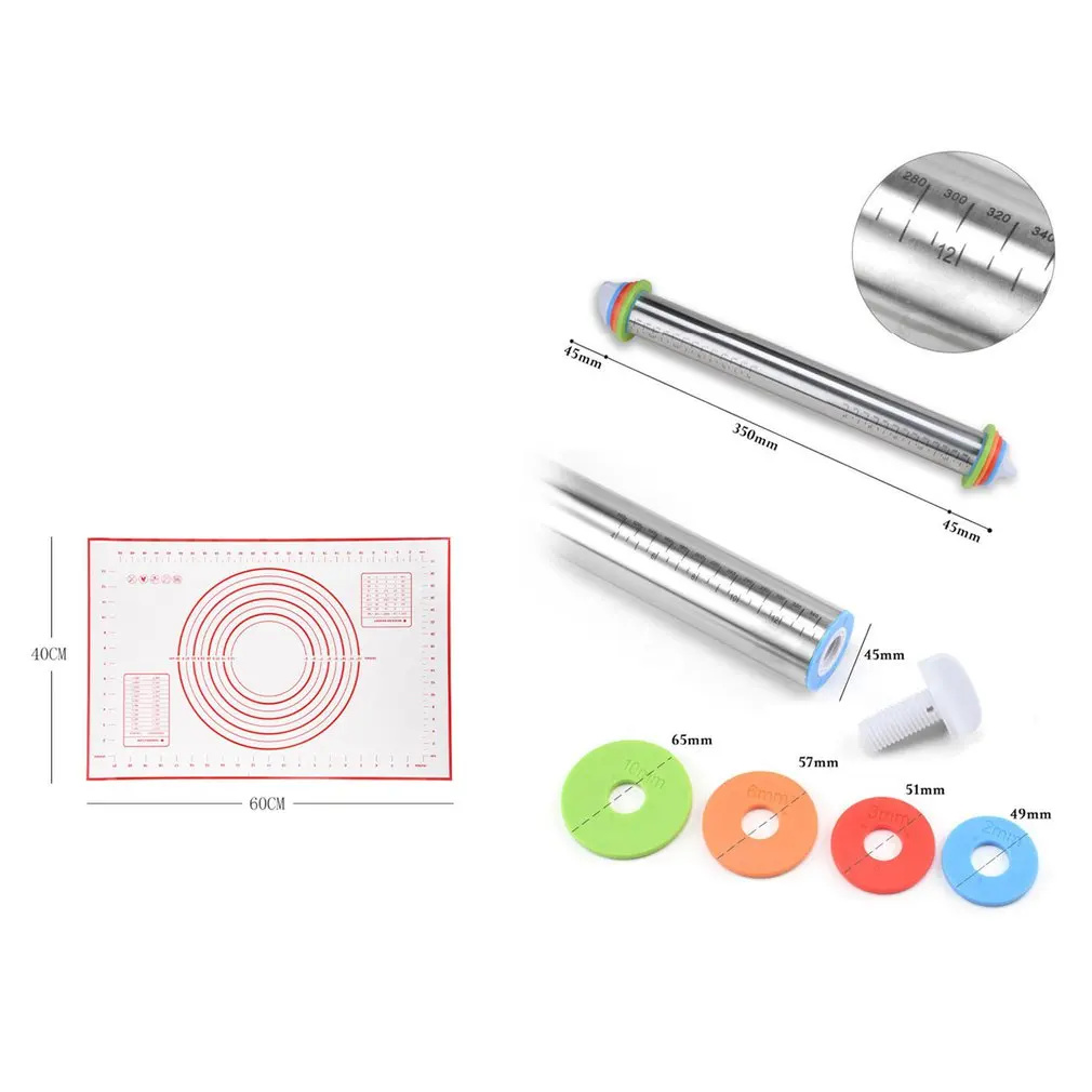 

17inch Stainless Steel Adjustable Rolling Pin With Dough Mat Dough Roller with 4 Removable Adjustable Thickness Rings