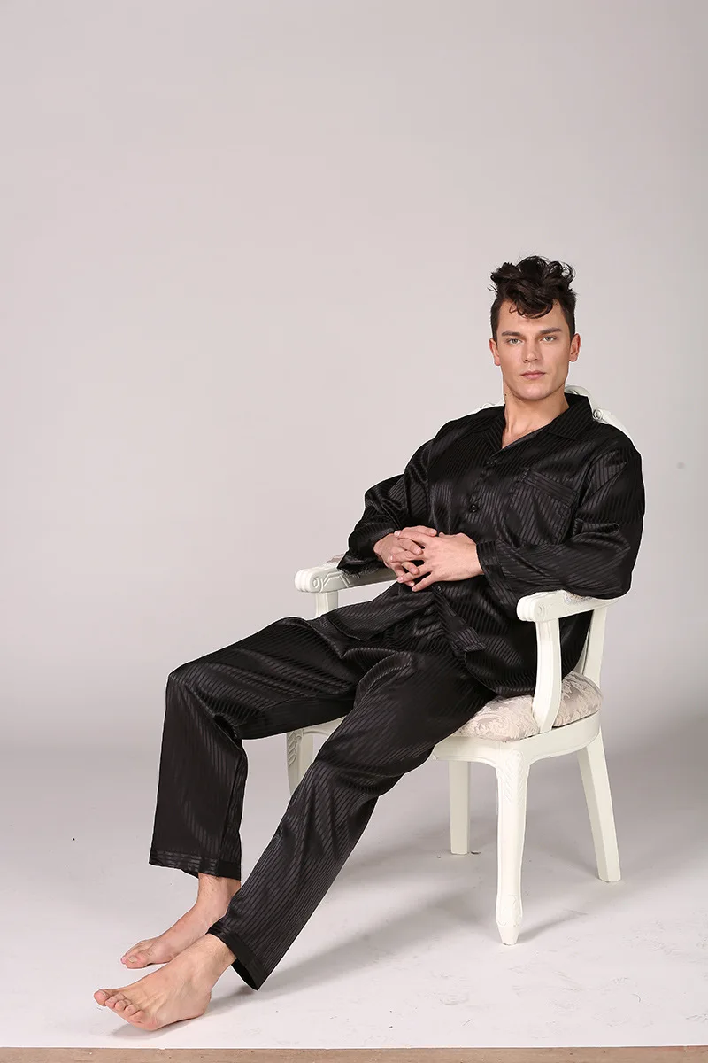 Мужской пижамный комплект, имитация шелка, Пижама для мужчин, полосатая пижама с длинным рукавом, брюки, Шелковый костюм, Большой размер, домашняя одежда