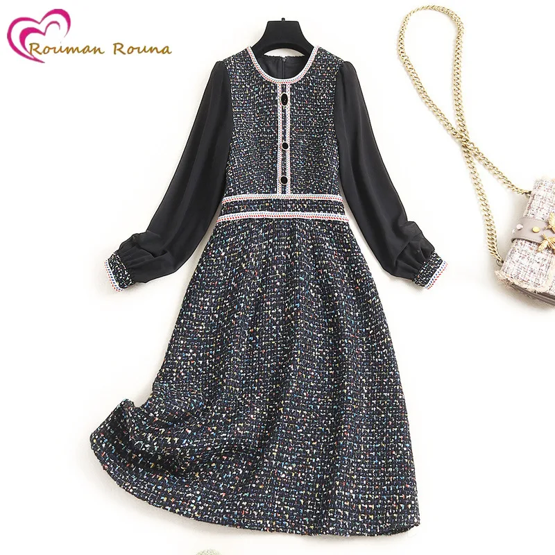 

Autumn women's 2021 trend small tweed dress round neck splicing sleeve design A-line skirt