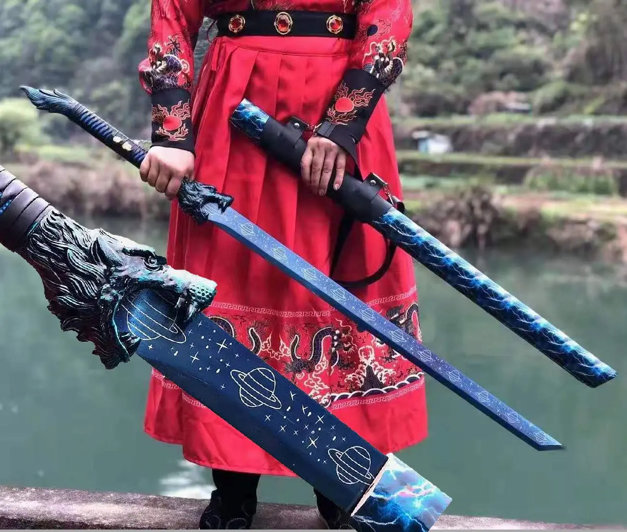 

Handmade Chinese Kung Fu Sword Blue High Manganese Steel Blade Sharp Wushu Wolf Dao Battle Full Tang
