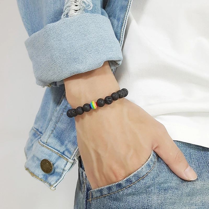 Браслет из лавового камня с бусинами минималистичный Черный Плетеный веревочный