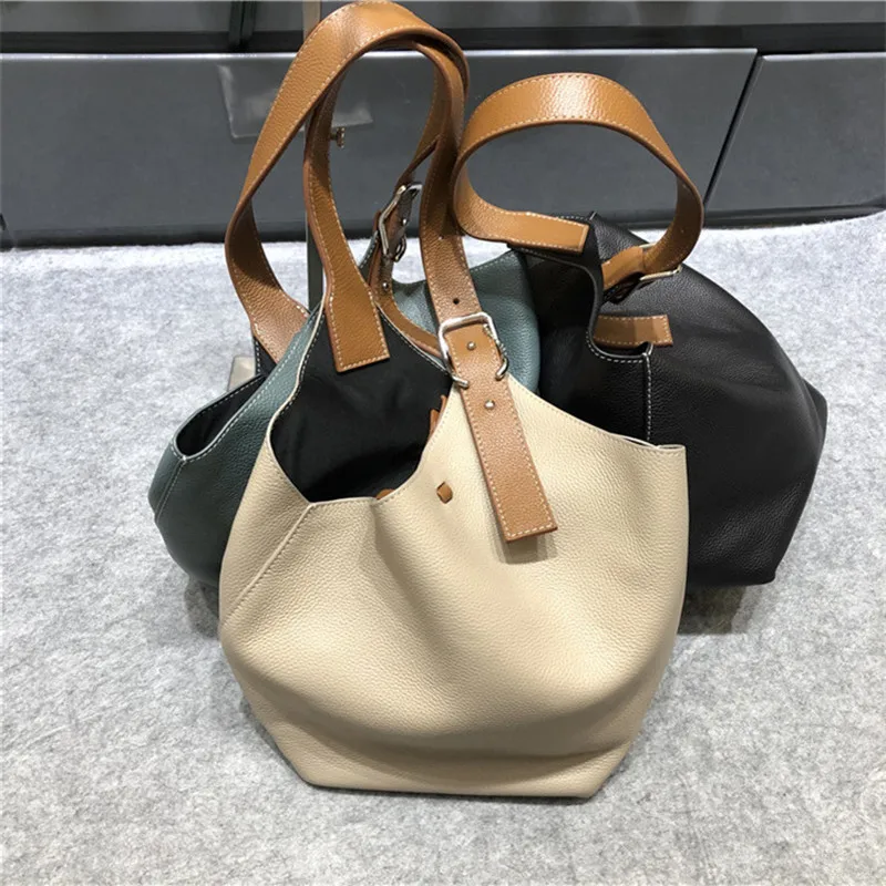 

Simple Designer Women's Big Bags Soft Leather Khaki Shopping Bags Genuine Leather Black Bucket Bags Large Capacity Mother's Bags