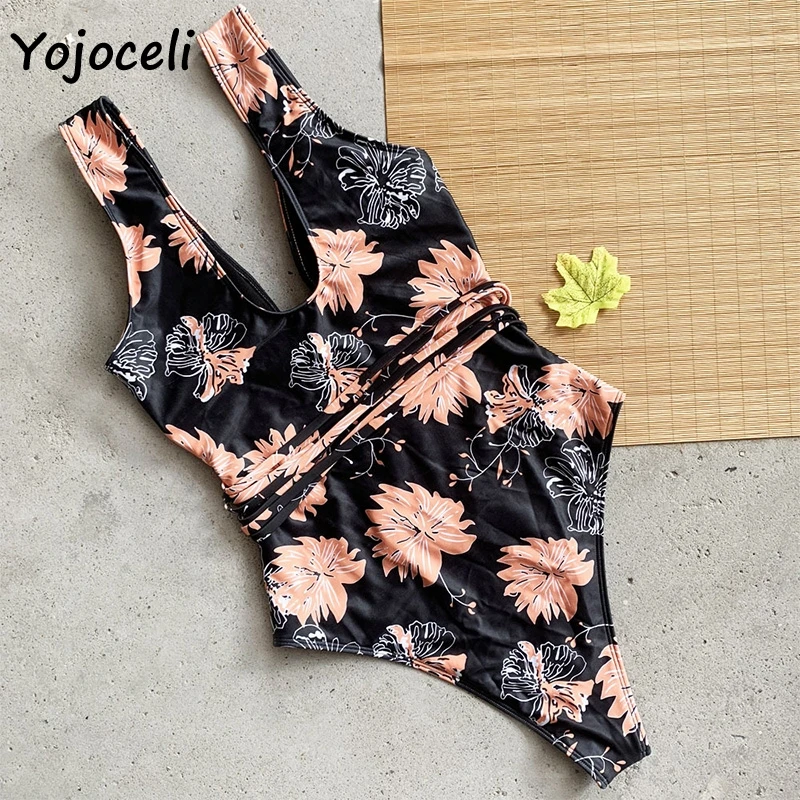 

Yojoceli summer holiday floral print bandage bodysuit women hollow out sexy beachwear bikini