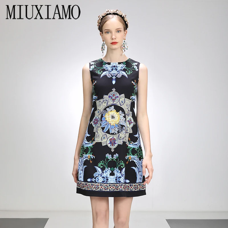 

MIUXIMAO 2021 Spring Summer Party Dress Flower Diamonds Above Knee Tank Office Lady Dark Blue Casual Dress Women Vestidos