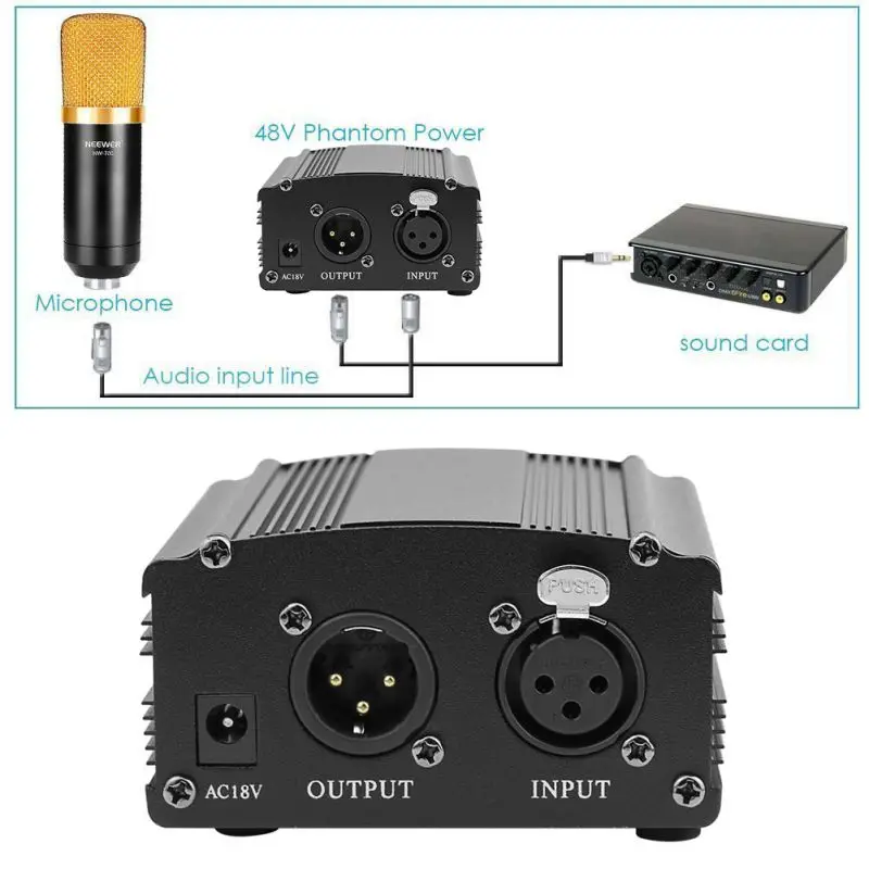 1-канальный 48V Питание с адаптером селфи-Стик, в качестве бонуса+ XLR 3 Pin микрофон Microphone для любого конденсаторный микрофон музыкальная запись оборудования