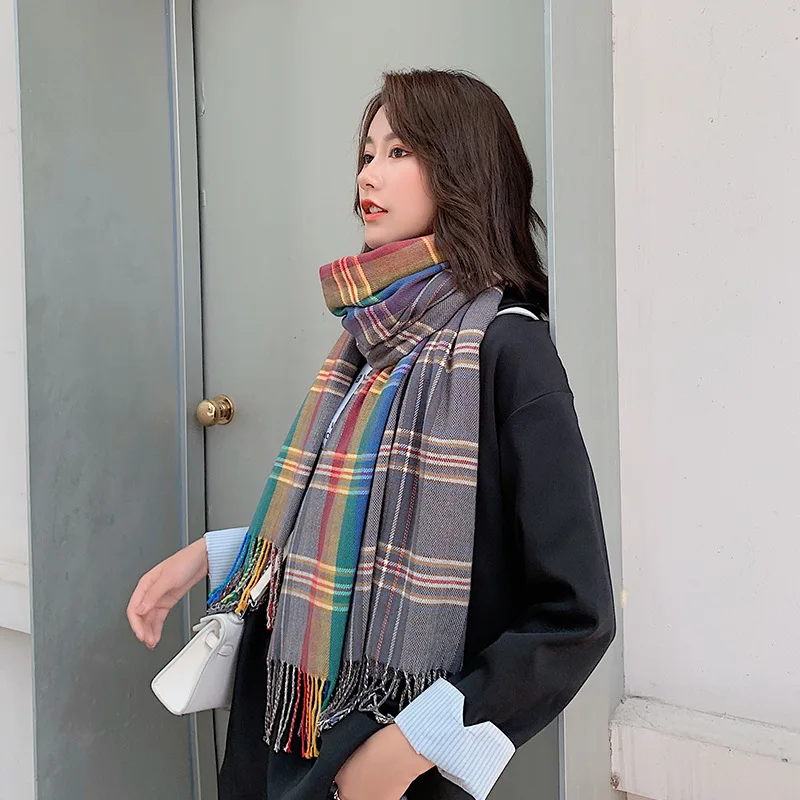 Женский теплый шарф в Корейском стиле зимняя плотная Радужная шаль двойного