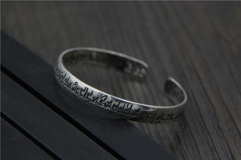 925 Sterling Silver Sanskrit Six-character Word Open Bracelet Fashion Buddhist Text Bracelet Classic Retro Men and Women Models