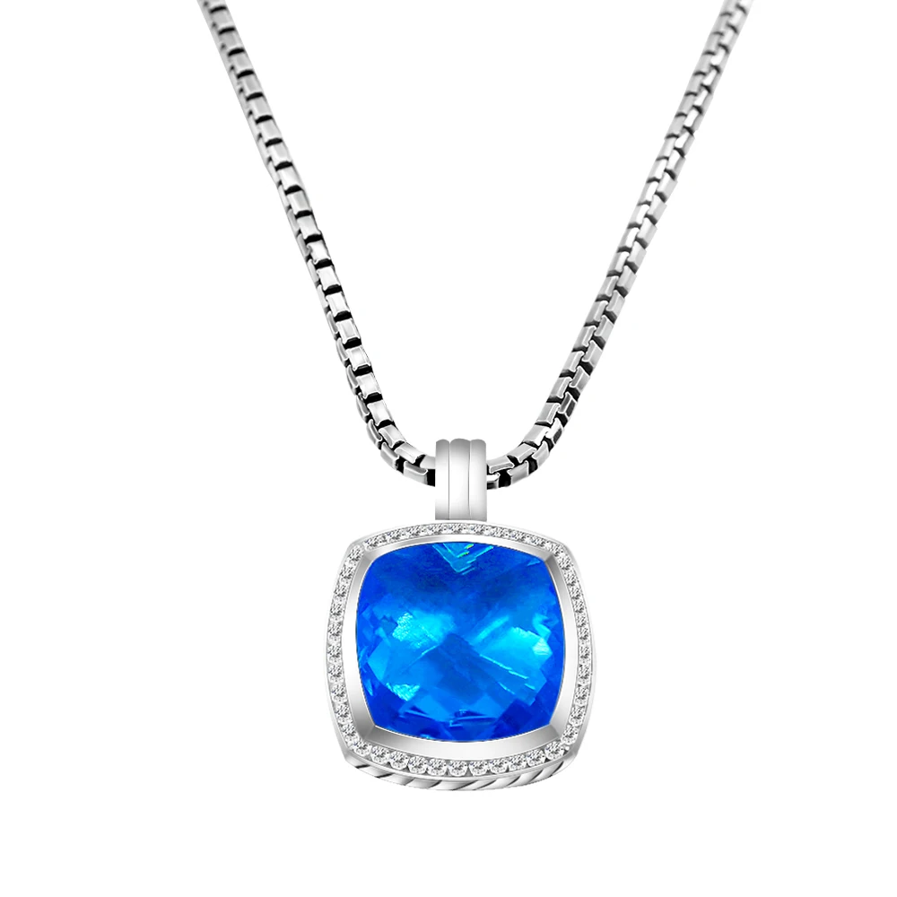 

YQ New Design Brand Solid 925 Silver Women's Jewelry 20mm Blue Topaz Enhancer Pendant Necklace Christmas a birthday present