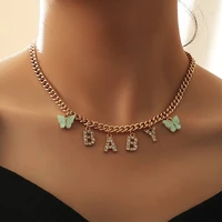 korean fashion crystal baby letters pendant necklaces for women trendy gold color chain choker cute butterfly dangle bijoux gift
