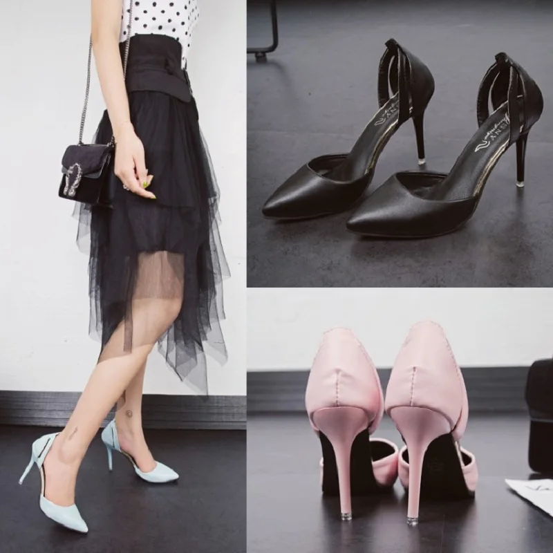 

2019 summer new ladies sandals PU pointed stiletto high heel sexy solid color wild side set foot casual work shoes female black