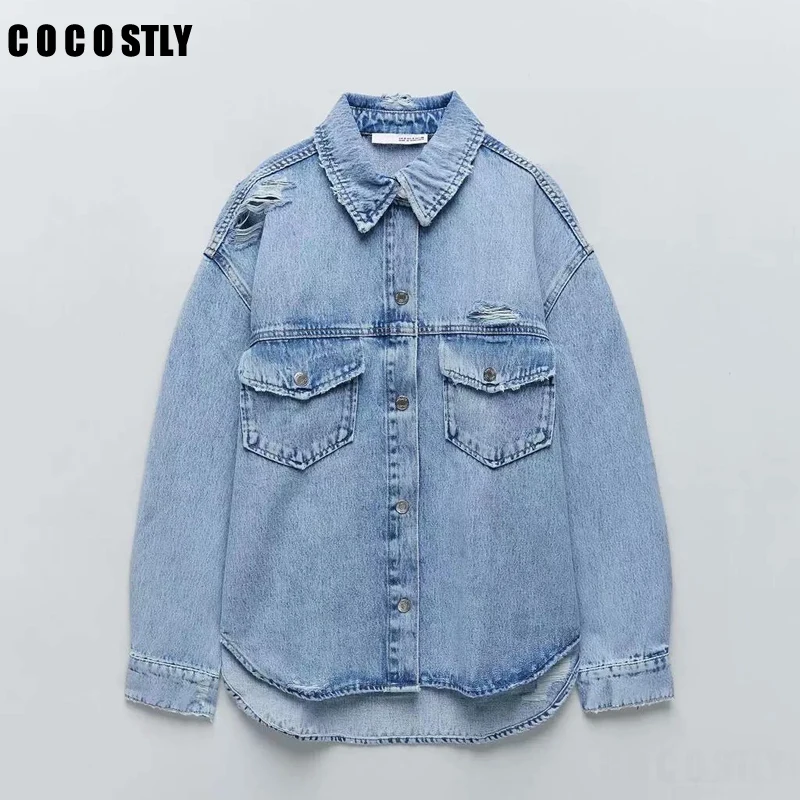 

New 2022 Jackets Women Ripped Denim Cool Jacket Fashion Casual Loose Pocket Buttons Blouses Oversize Denim Shirt Coat clothes