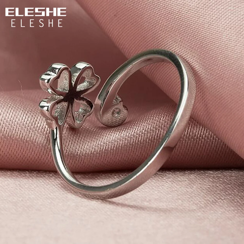 Женское регулируемое кольцо ELESHE серебряное с цветком клевера и открытым сердцем