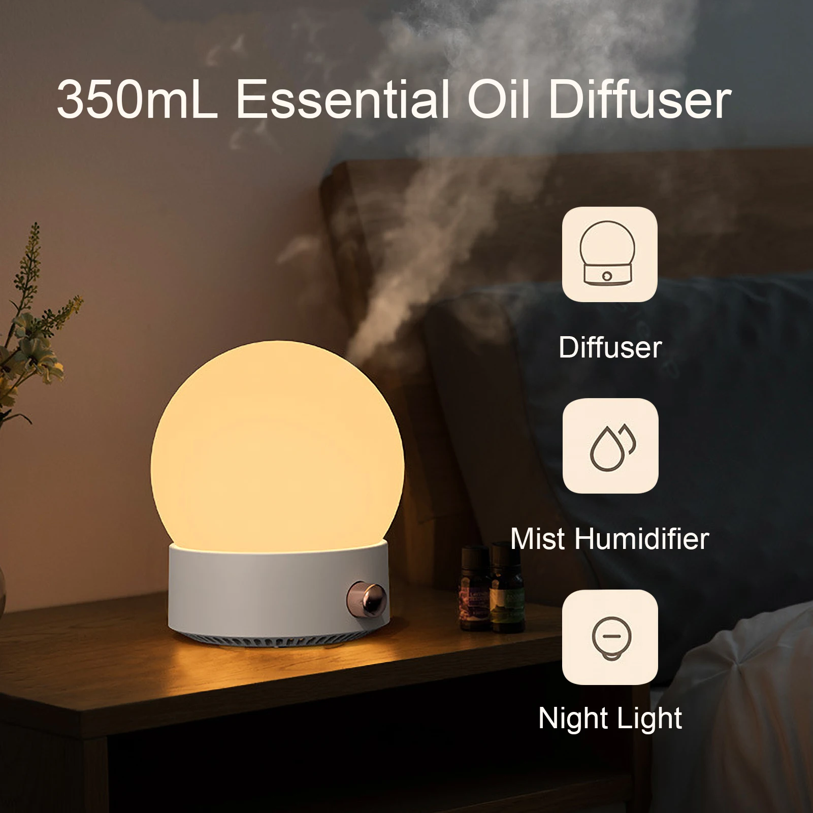 

350mL Air Humidifier Essential Oil Diffuser USB Mini Mist Humidifier with Night Light Auto-Shut Off Aromatherapy Humidifiers