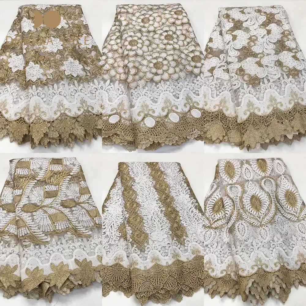 

Gold Line Stones Indian Cord Lace Fabrics 2019 Classical Design Guinea Noble Lady Party Dresses Guipure Milk Silk Lace Material