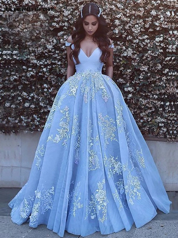 

Blue ball gown new satin lace applique V neck OFF shoulder Cap Sleeve Backless vestido de graduacion Sweep Train gala jurk plus
