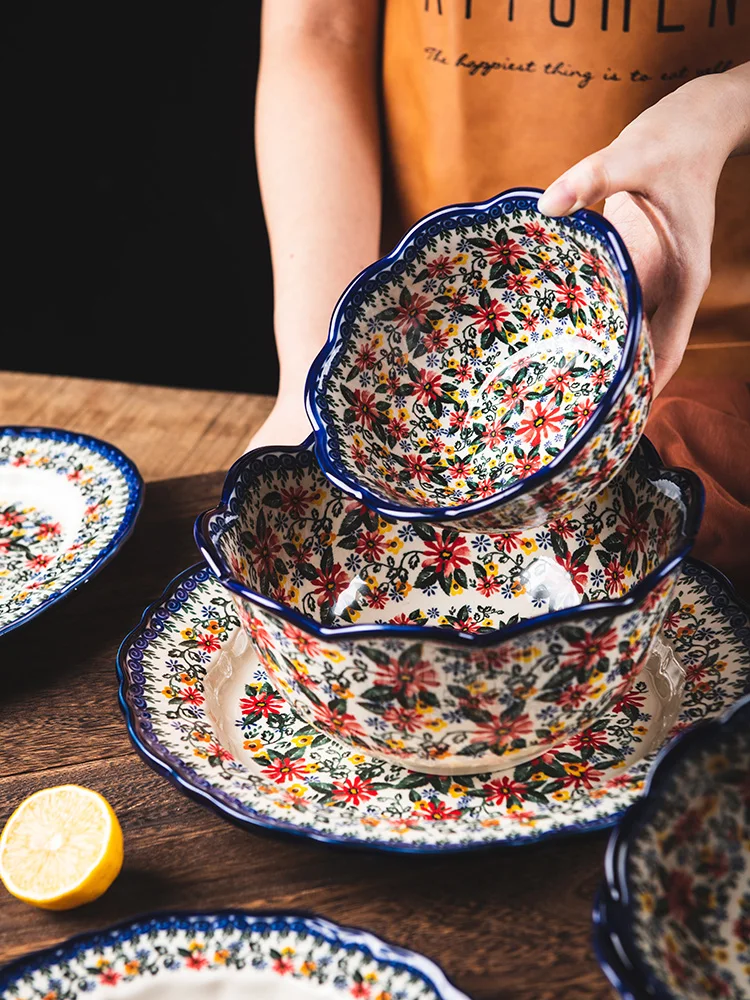 

Polish ceramic tableware home creative dish set high-faced rice bowl soup noodles double-eared bowl large net red plate