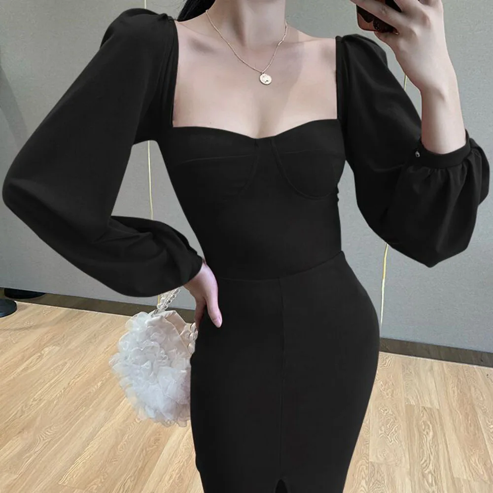 

Western Style Slim Long Sleeve 2021 Summer New Split Fork High Waist High Waist Women's Dress Sexy Temperament Square Collar