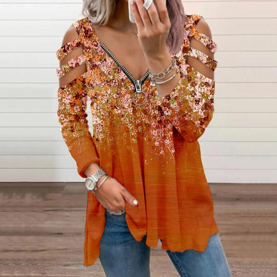 

Autumn and winter 2021 women's small floral V-neck zipper off shoulder long sleeve T-shirt