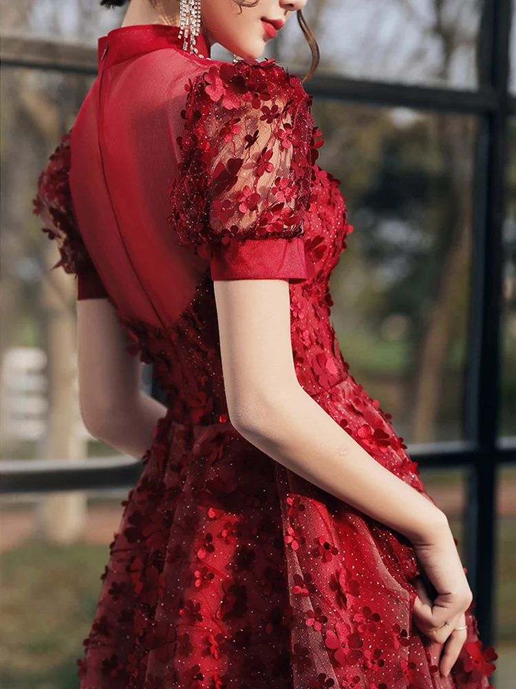 

SSYFashion New Wine Red Cocktail Dress Sweet Flower Puff Sleeve Tea-length Party Evening Gown for Women Homecoming Dress