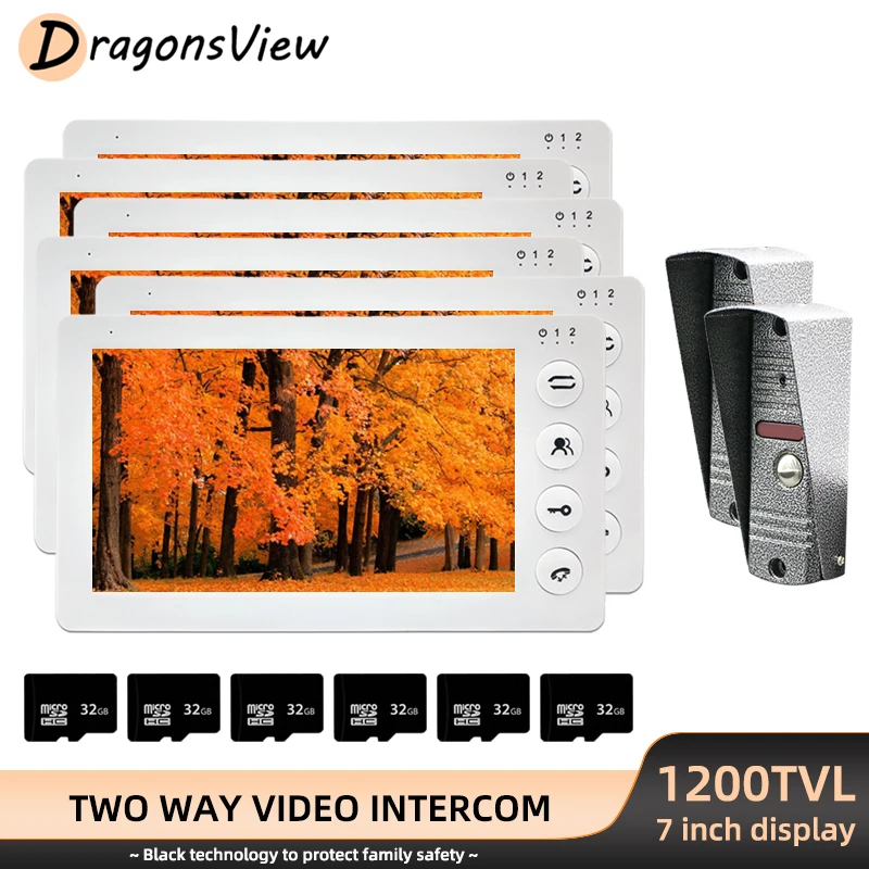 

DragonsView 1200TVL Door Intercom 7 Inch Video Door Phone 2 Doorbell Cameras with 6 Intercom Monitors Support Motion Detection