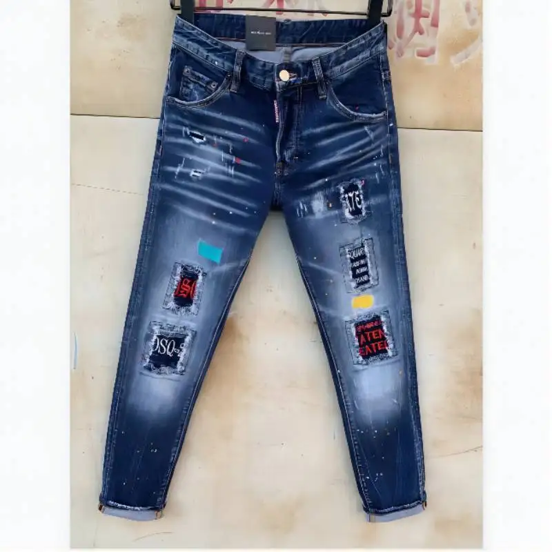 

NewDSQ2Tattered Paint Stitching Men's Slim Stretch Jeans Light Blue Embroidered Motorcycle Pants 9137