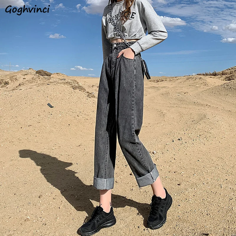 

Jeans Women Full Length Trousers High Waist Pockets Baggy Leisure Simple Streetwear Trendy Popular Teens Students Ladies Clothes