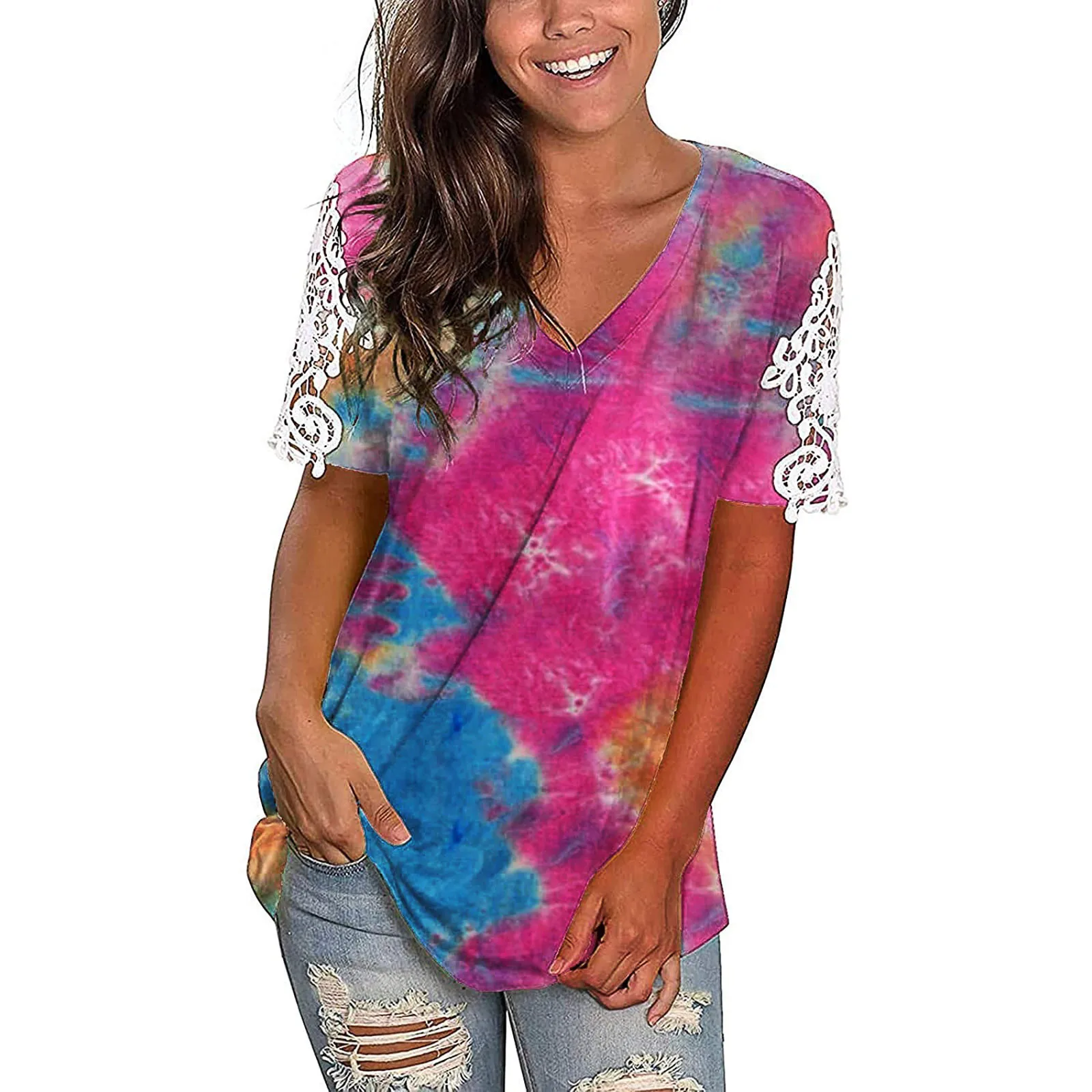 

New Oversize Tops For Women Summer Print V-neck Lace Short-sleeve T-shirt Women Casual Loose Tee Shirts Blouse#35