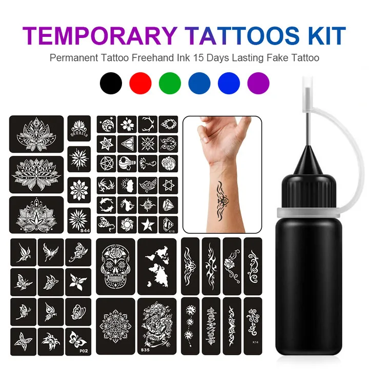 

Temporary Tattoos Kit Permanent Tattoo Freehand Ink and Stencils 15 Days Lasting Fake Tattoo DIY for Men Women