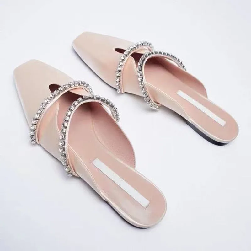 Женские мюли со стразами кожа без застежки плоская подошва удобные красивые