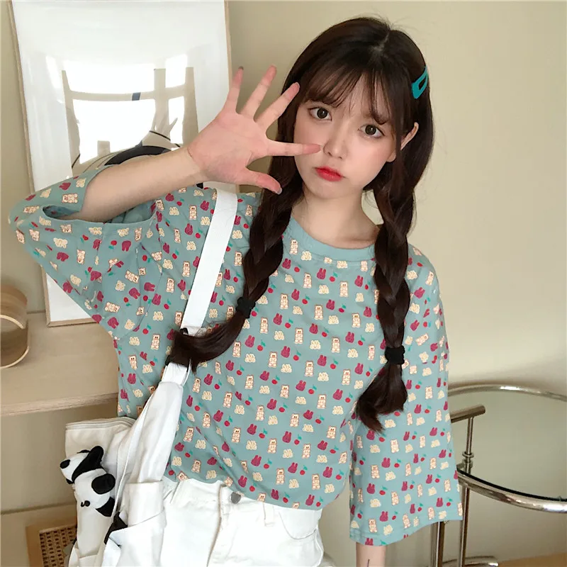 

Japanese Bear Short Sleeve T-shirt Women's Summer 2021 Loose Korean Ins Trendy Harajuku Style Hiphop Fried Street