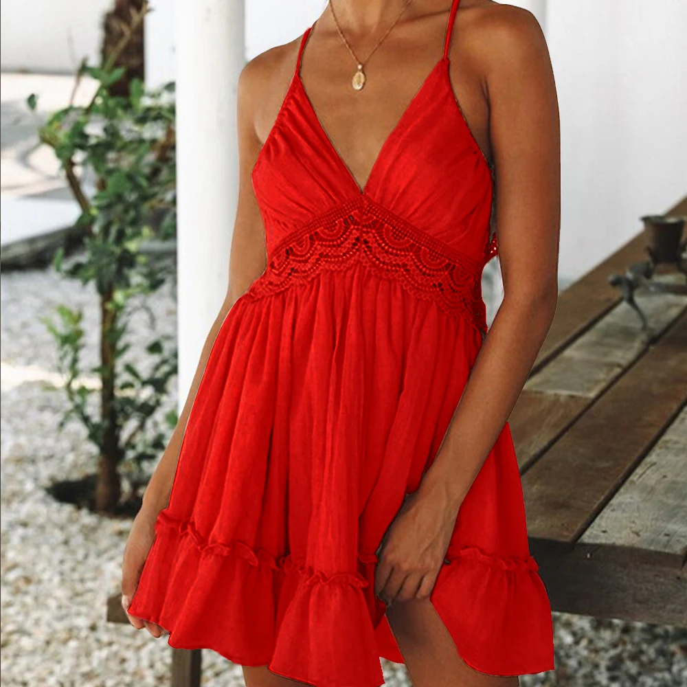 

Women Dress 2019 Summer Sexy Spaghetti Strap Lace Sundress Beach Style Backless Ruffle Hem Party Female Mini Dress Plus Size