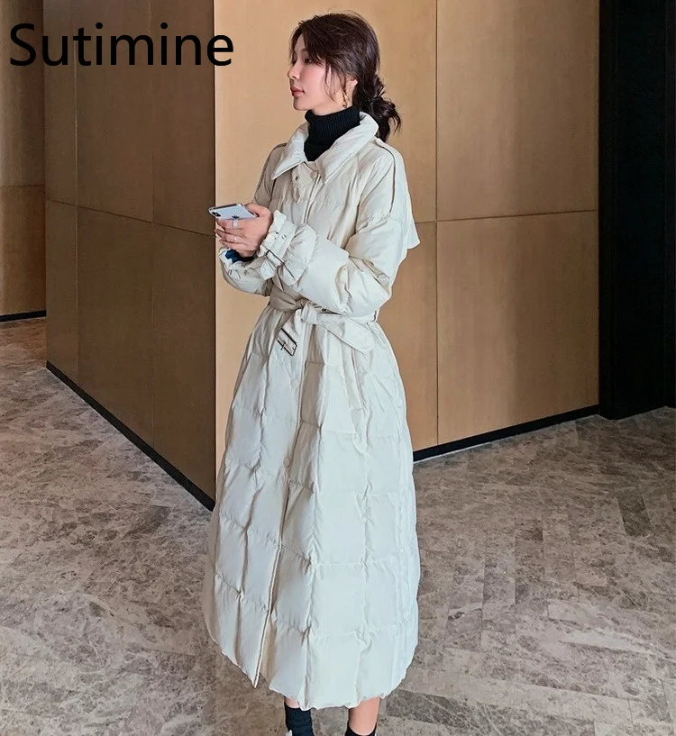 Women's Winter Jacket X-Long Down Jacket Female 2021 Solid Women's Jacket Casual Women's Winter Down Jackets  Adjustable Waist