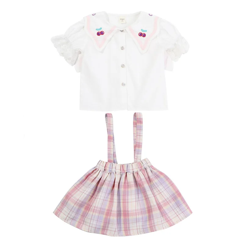 

Summer Girls' Clothing Sets Lace Buff Sleeve shirt+grid Overalls Dress Baby Kids Clothes Suit Children Two Piece Sets Clothing