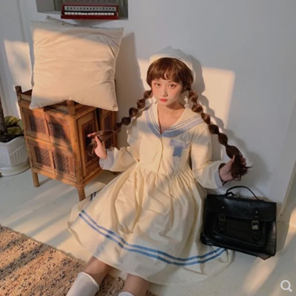 

Japanese lolita sweet Autumn high waist Navy collar white op dress soft girl cute kawaii temperament princess op dress