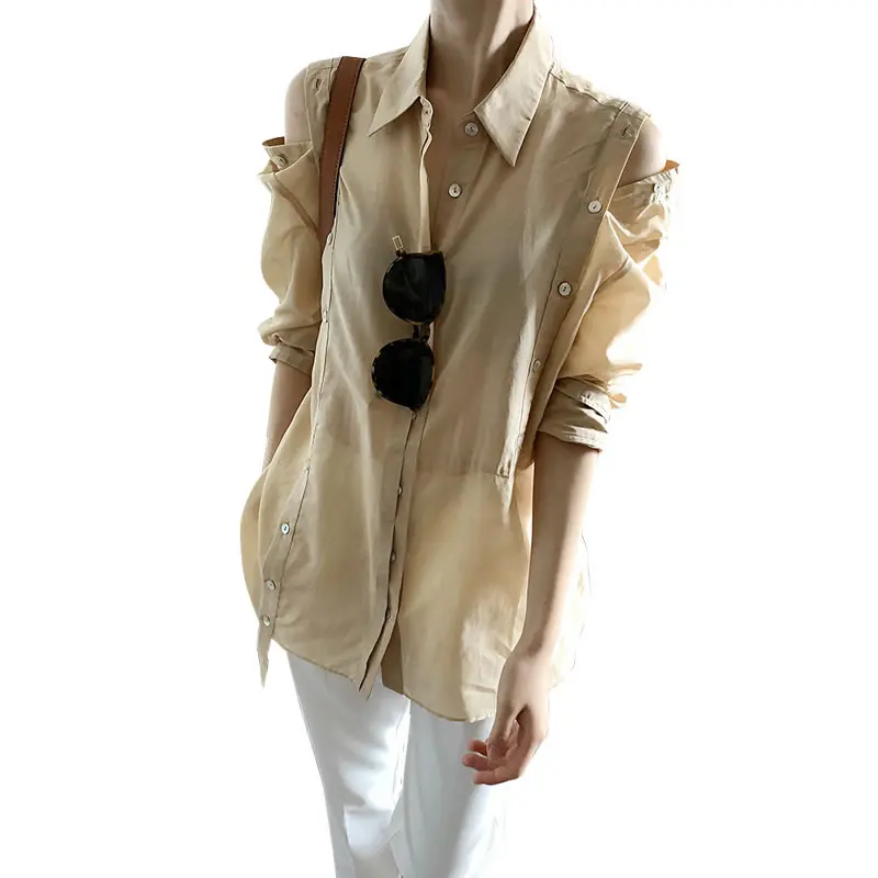 

XITAO Summer New Can Disassemble Shirt Fashion Solid Color Splicing Women Casual Loose Turn-down Collar All-match Top LDD1109