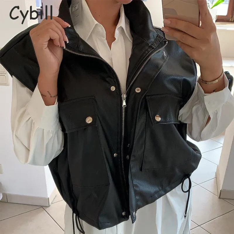 Сибилл пуговицами и на молнии черный жилет Топ для женщин без рукавов жилетка из