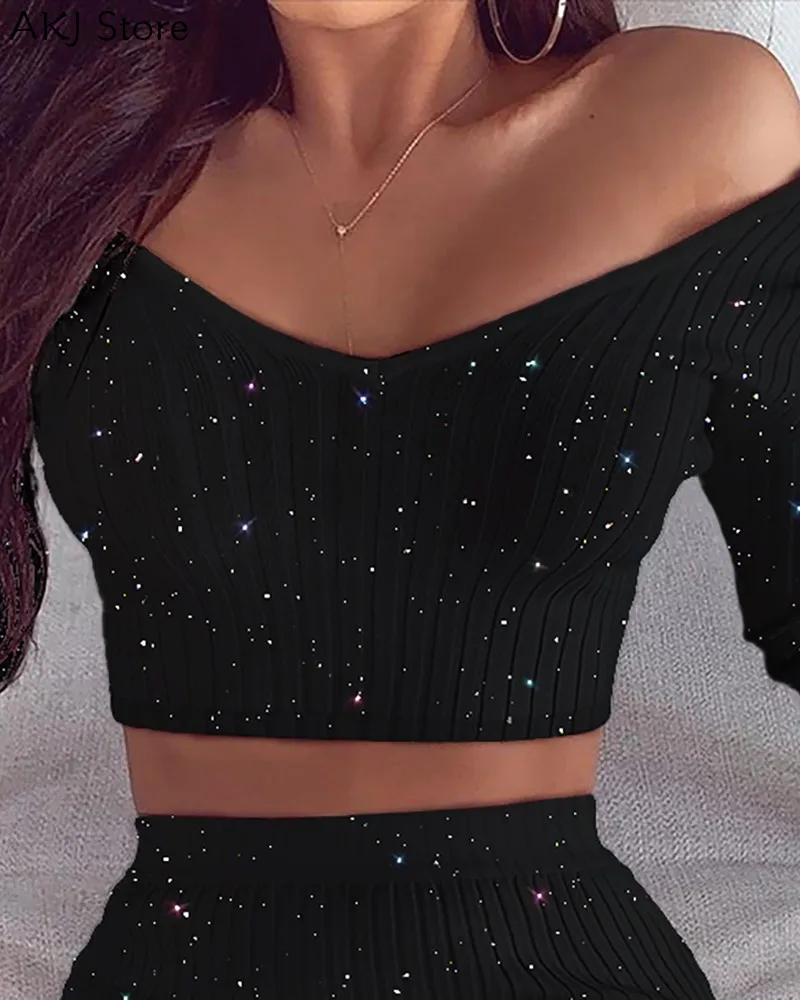 Women Long Sleeve Glitter Off Shoulder 