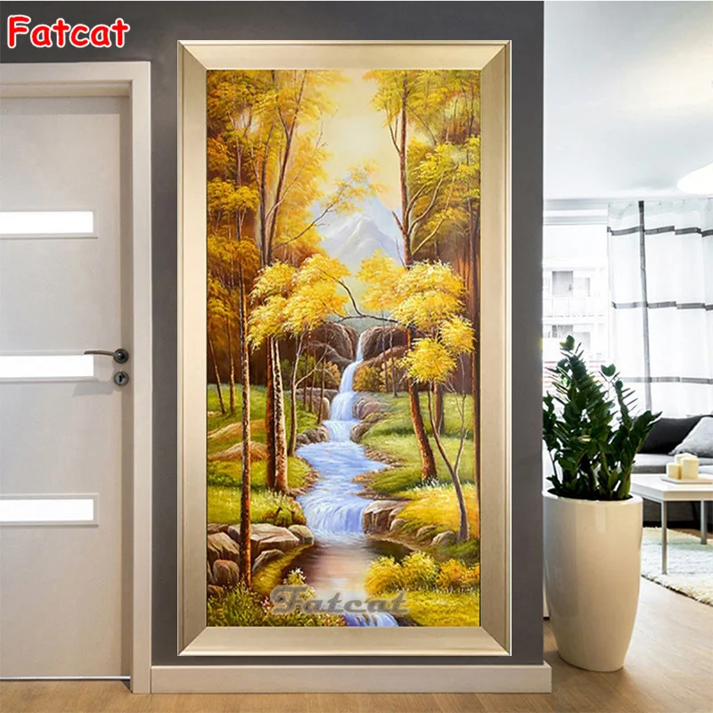 

5D полноразмерная алмазная живопись, круглая Алмазная вышивка, желтый лес, озеро, пейзаж, алмазная живопись, вышивка крестиком, домашний деко...