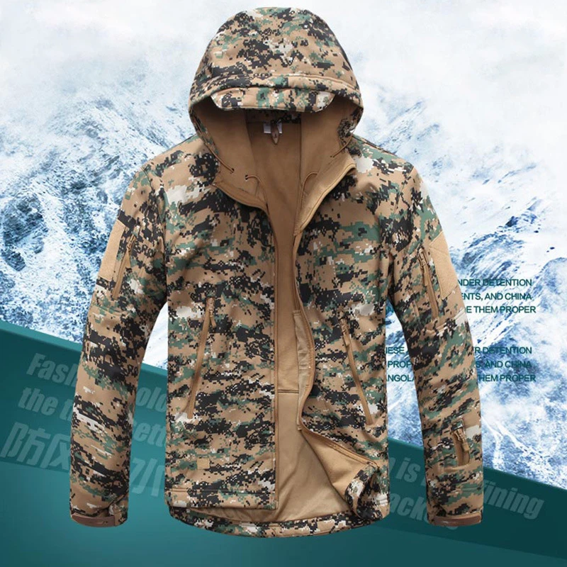 Outdoor Men Softshell Tactical Military Training Fleece Lined Jacket with Hood Woodland Digital Camouflage | Спорт и развлечения