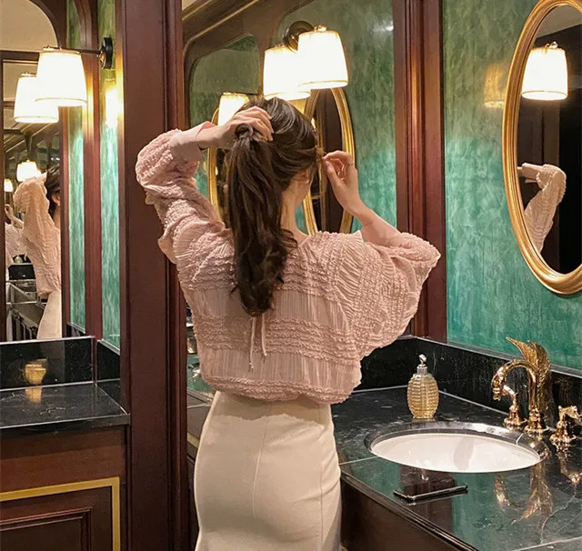 WHITNEY WANG Blouses 2020 Spring Fashion Streetwear Lantern Sleeve Ruffled Chiffon Blouse Women Blusas Lady Shirt Top | Женская одежда