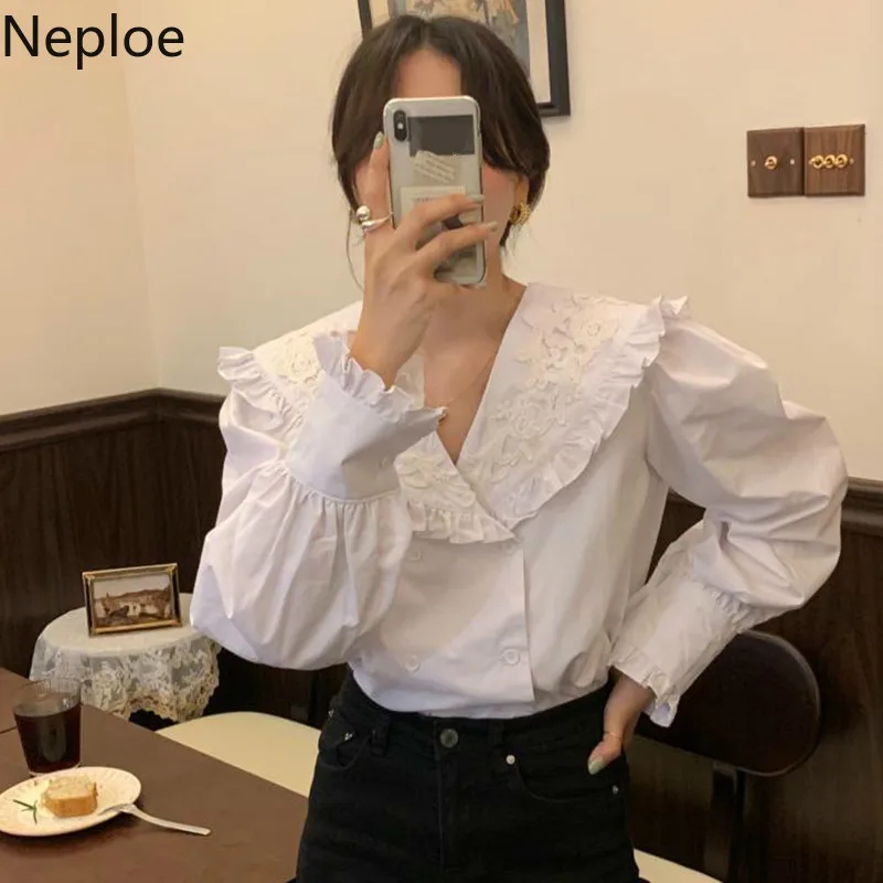 Женская блузка Neploe Элегантная с оборками и рукавами-фонариками двубортная