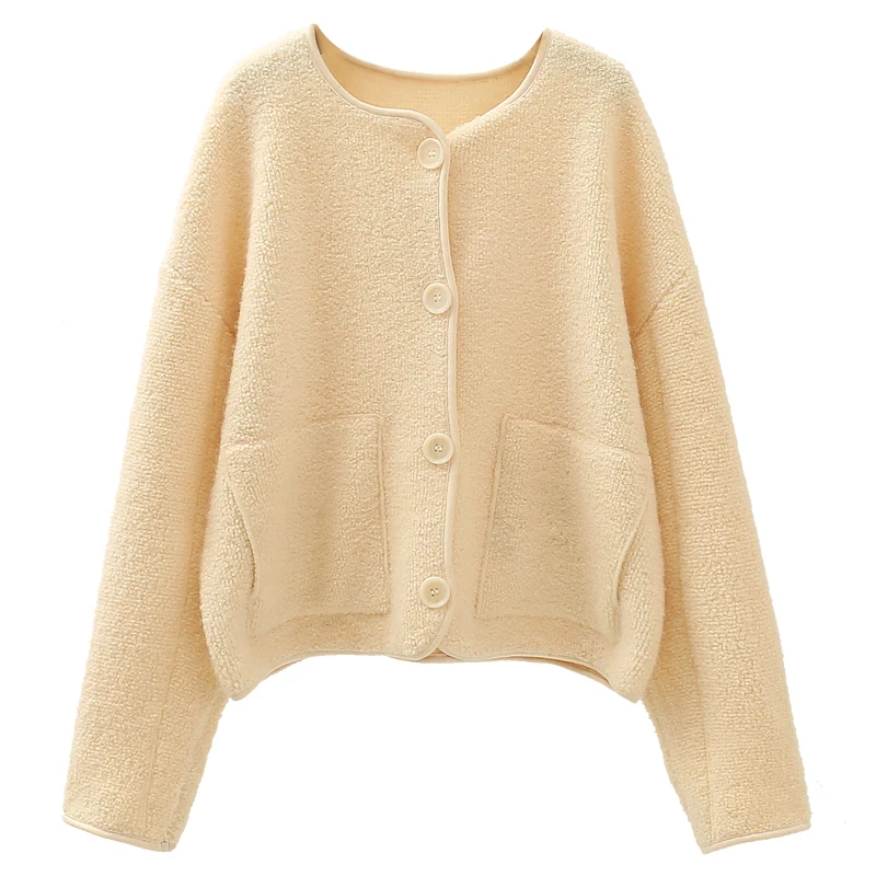 

Fur Knitted Women Sweater Cardigan Winter 2021 New O-Neck Long-Sleeved Loose Casual Female Outwear Coats Tops