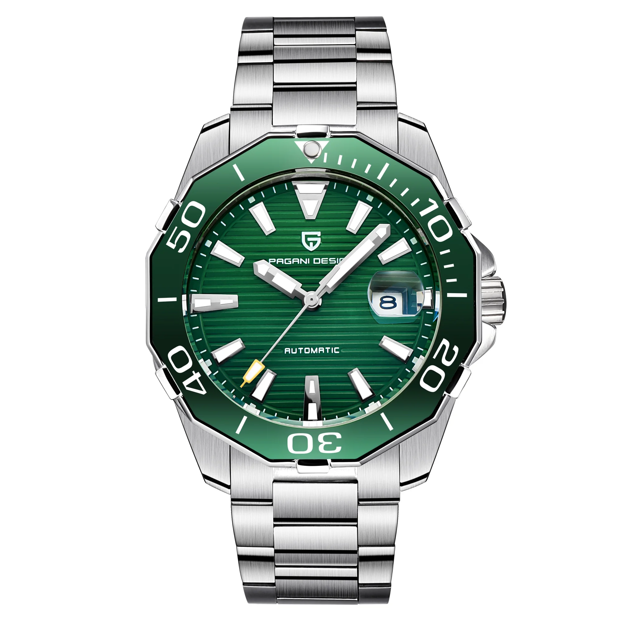 

Mens Watch Pagani Design 43mm 316 Steel band green dial luminous calendar Mechanical Automatic Wristwatches