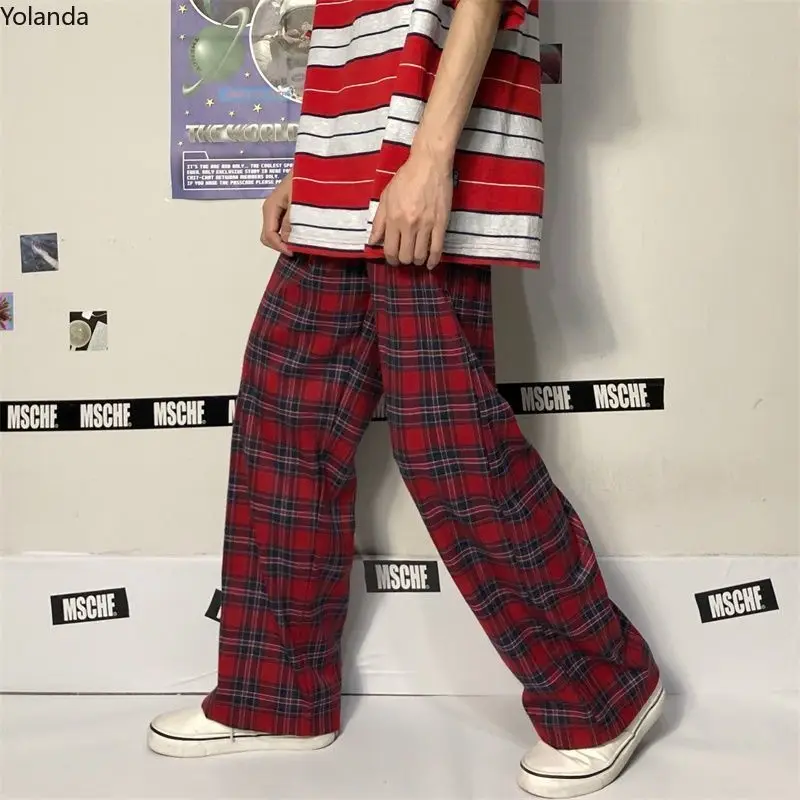

Fan Sweet Harajuku Red Plaid Pants Women Gothic Streetwear Checked Trousers 2021 Korean Fashion Oversize Wide Leg Sweatpants