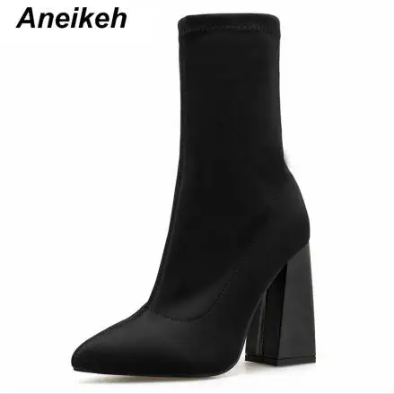 black Aneikeh/ г. Классические ботинки «Челси» женские вечерние ботинки до середины икры без застежки с острым носком на высоком квадратном каблуке из PU искусственной кожи черный цвет, размеры 35-42 - Цвет: black