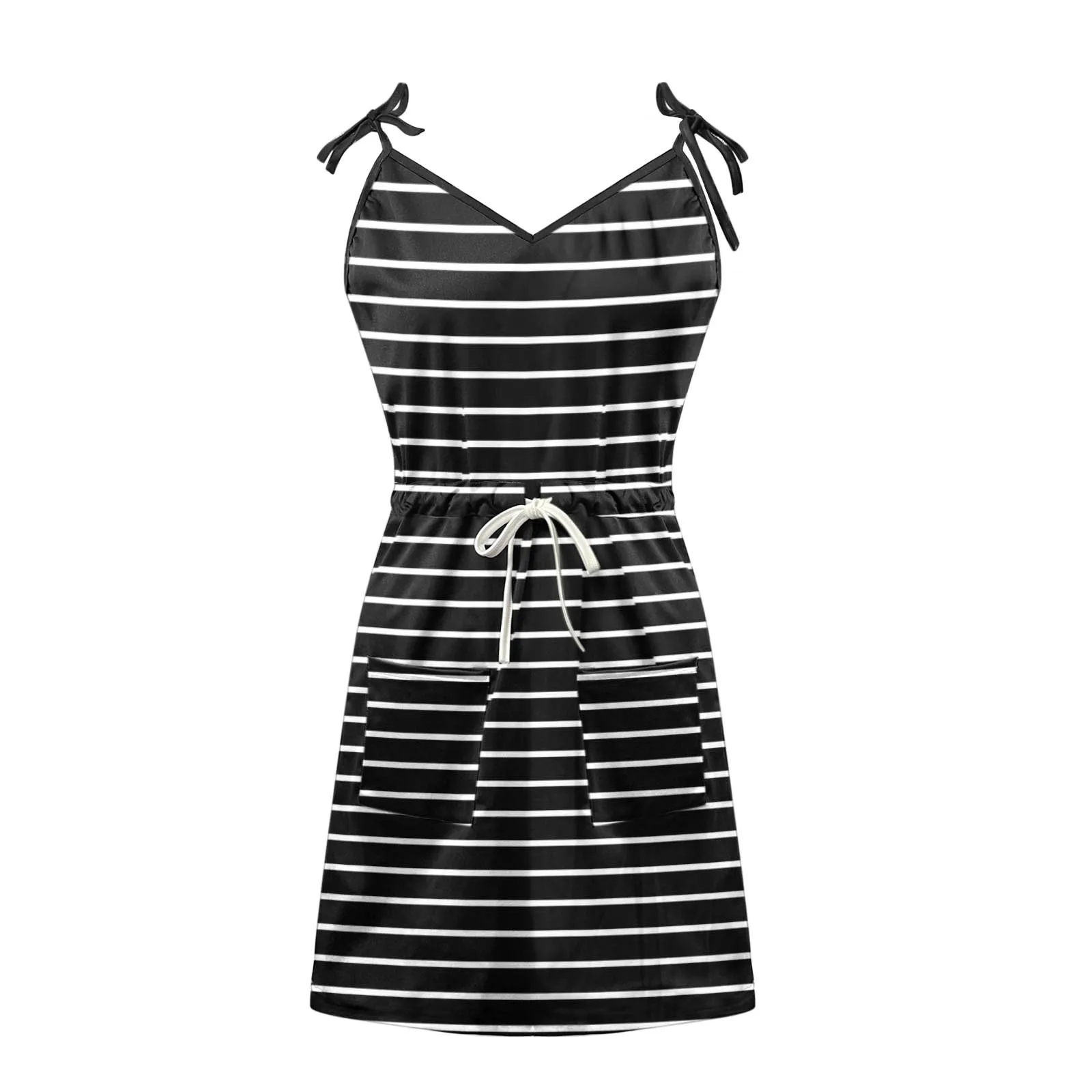 

Women Fashion Sling Dresses Sleeveless V Neck Loose Casual Drawstring Striped Print Beach Mini Dress