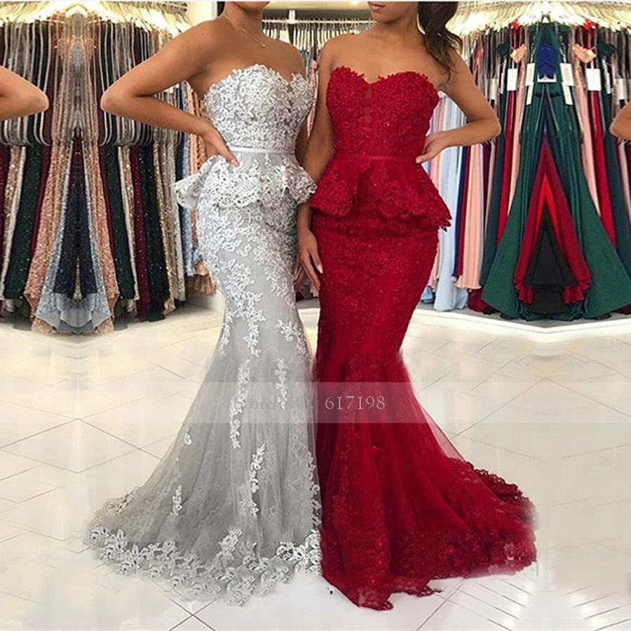 

Burgundy Mermaid Long Evening Dresses Sweetheart Sleeveless Lace Applique Prom Gown Evening Party Dress Robe De Soiree