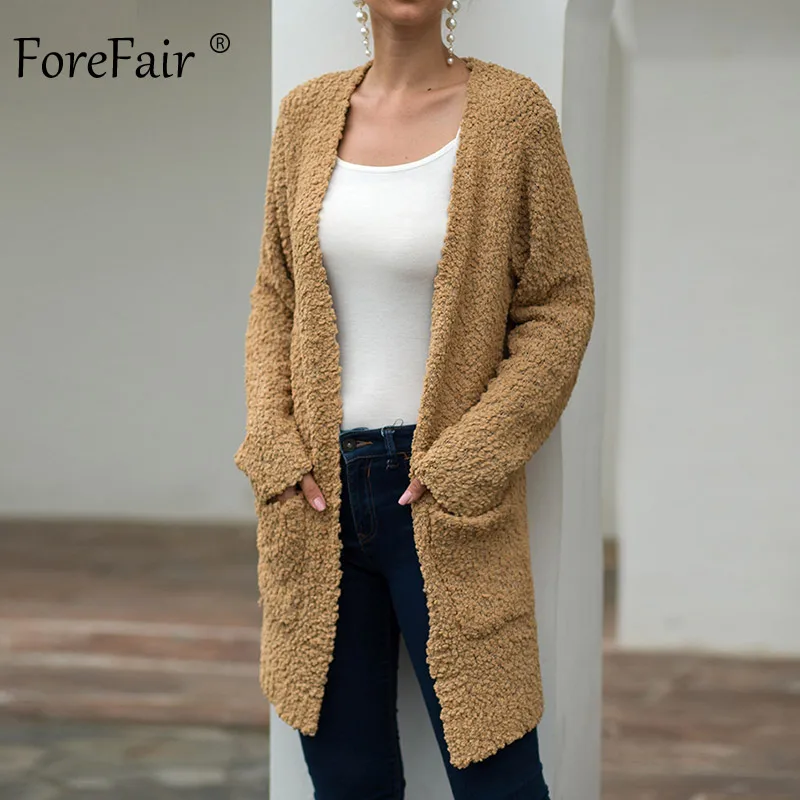 Forefair попкорн Повседневный длинный кардиган женское осеннее пальто Модный женский тонкий черный хаки белый однотонный вязаный кардиган
