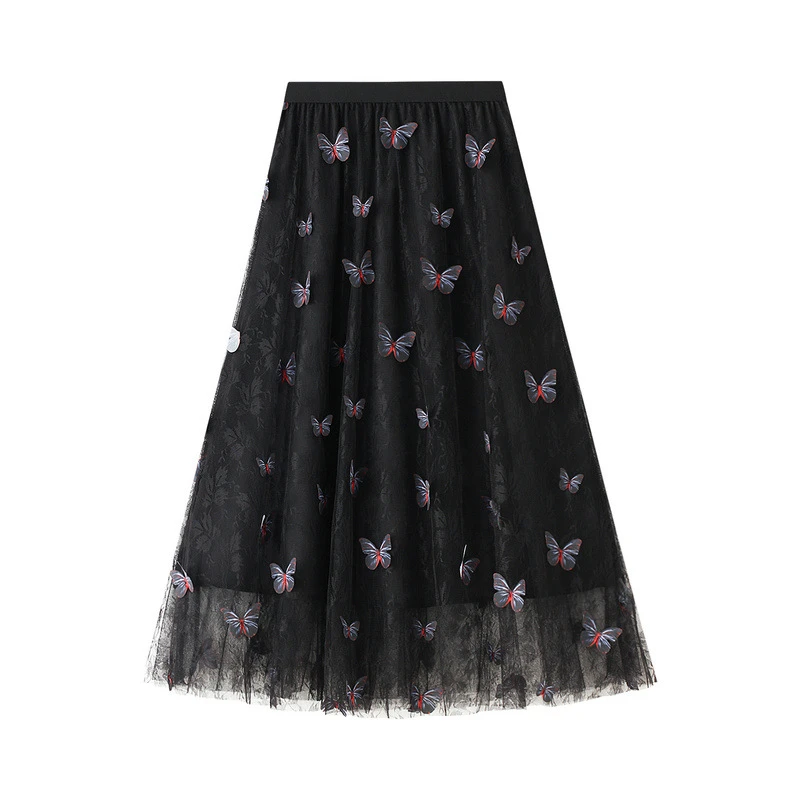 

Three-dimensional Butterfly Pattern Long Tulle Skirt A-line High Waist Mesh Tutu Skirts Womens 2020 Autumn Winter New Arrival
