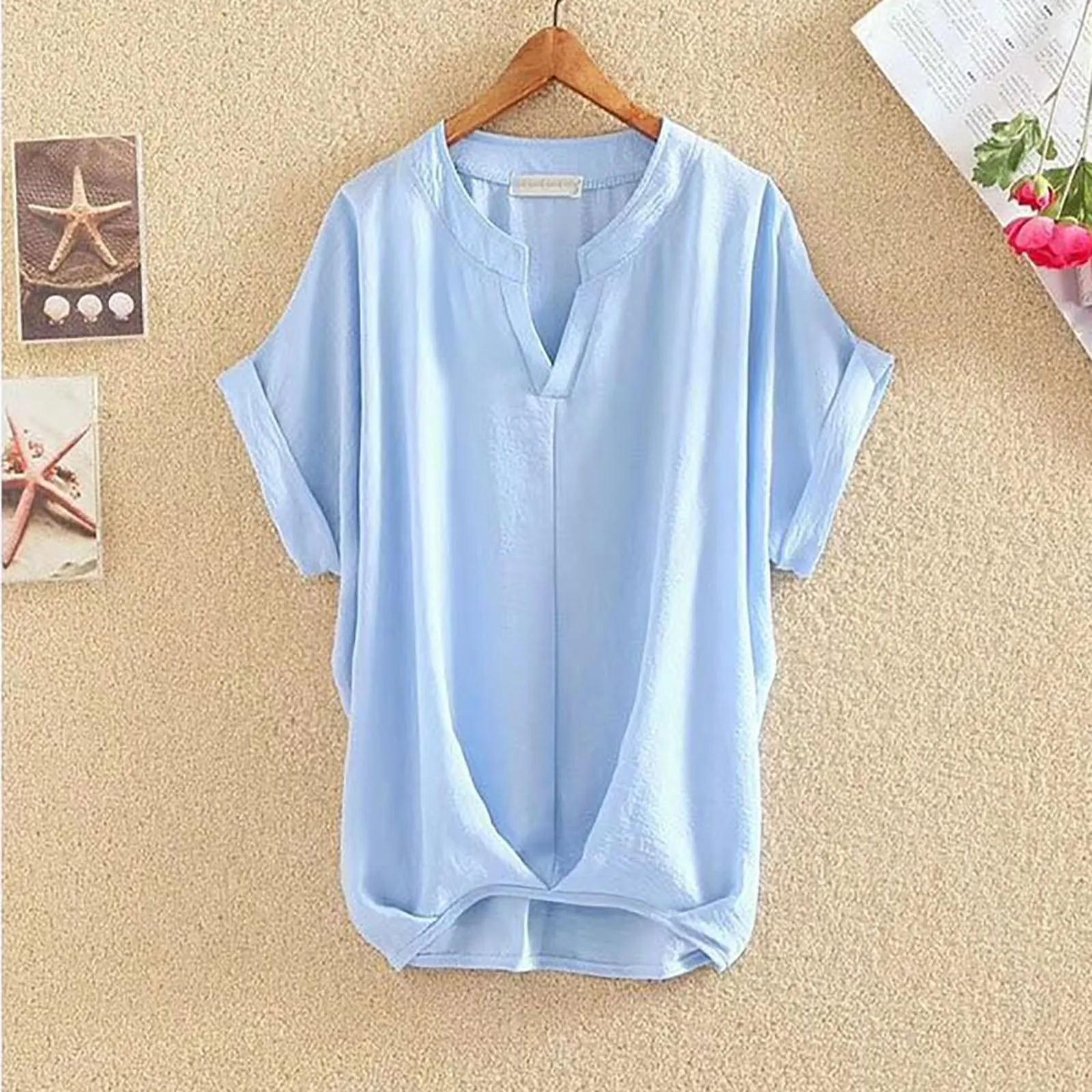 

Blouses For Women Shirt Pure Color Temperament V-neck Loose And Thin Cotton And Linen Shirt Top Blouses Blusas Tallas Grandes